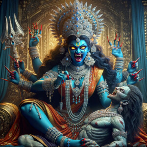 portrait of extremly angry looking goddess kali, blue skinned, s...