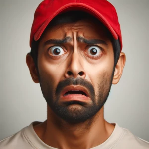 Man wearing a red baseball cap. Has a perplexed as well as horri...