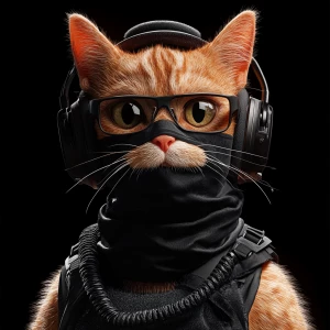 A wide-eyed ginger cat wearing a black tactical balaclava (or ma...