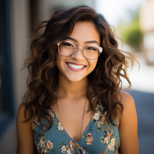 A cute woman

Thin glasses

Californian

Smiling 

Clothes: Flor...