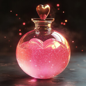 Create an image of a spherical, clear glass bottle containing a...