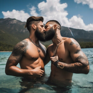 The image depicts two shirtless men with beards, kissing, standi...