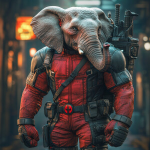 An anthropomorphic elephant  dressed in a fitted Deadpool costum...