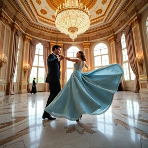 “A breathtaking wide-angle shot taken with a Nikon D850 and a 24-70mm f/2.8 lens. Dahlia Valentina (DahliaValentina_ai) fit tall supple well endowed tanned Italian American model glides gracefully across an opulent ballroom floor, caught mid-turn in a Viennese waltz. She wears a flowing ice-blue ballgown, its delicate lace details shimmering under the golden glow of an enormous crystal chandelier. Her posture is poised, her expression serene as she twirls with an elegant dance partner in a classic tuxedo. The grand ballroom features intricate gilded moldings, towering windows draped with silk curtains, and polished marble floors reflecting their movements. The air feels enchanted, as if time itself has slowed for this graceful moment. The soft depth of field blurs the background slightly, enhancing the dreamlike quality of the scene.”