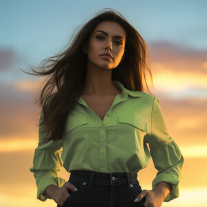 Capture the elegance of a fair-skinned woman with dark long hair...