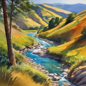 A vibrant gouache landscape showing a winding river cutting through a sunny valley, with thick, textured brushstrokes and rich, blended colors.