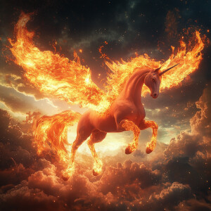Create a vivid scene featuring a Fire Pegasus or a unicorn, surr...
