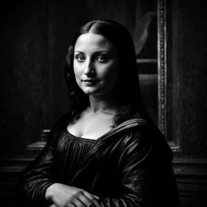 Mona Lisa, noir style portrait, ultra-realistic, cinematic black...