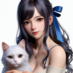 Realistic anime woman with dark blue hair and dark brown eyes. S...