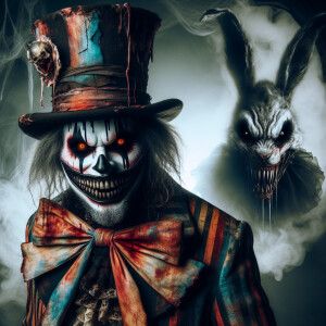 macabre demonic clown with bright white face bold black dripping...