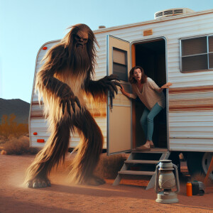 A humanoid looking menacing hair covered sasqutch trying to open...