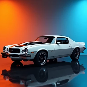 "Visualize a 1974 Camaro with a sleek white paint job accentuate...