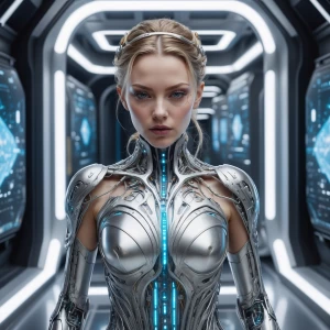 Depict a hyper-realistic digital painting of an android queen wi...