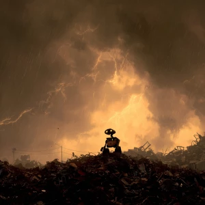 A small black silhouette of a robot that looks like a wall-e get...
