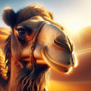 Craft a realistic portrait of a regal camel with emphasis on its...