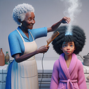 Create a realistic 3-D image of an african-American grandmother wearing a blue house dress and a white apron . She is in the kitchen with her african-American granddaughter. Her granddaughter is wearing a pink bath robe. The grandmother has a hot comb in her hand and she is straightening her granddaughters hair. One side of her granddaughters hair is in  a Afro the other straight 
There is smoke coming from the hot comb
The granddaughter is making a face