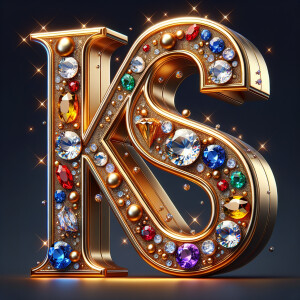 Create a 3-D realistic image with the letters  K.S. in gold raised letters , Add diamonds and colorful jewels