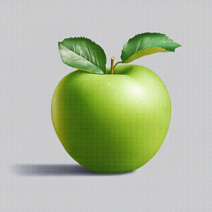 Create an image of one vibrant apple in varying hues green,  com...