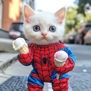white kitten wearing spiderman suit holding ice cream