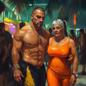 realism art style,a muscular beefy sweaty man walking  with his...