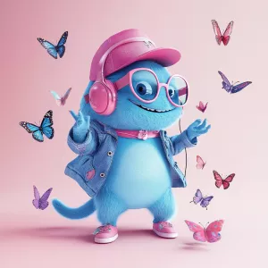 ChillGuy, a playful and inventive blue monster character wearing...