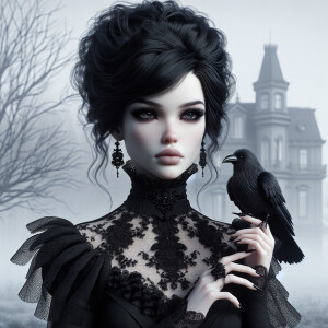 a Victorian woman with dark black tresses piled on her head, her...