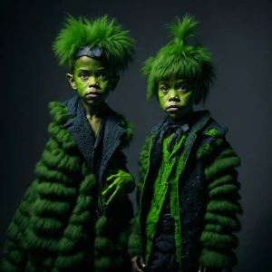 Generate an image depicting children in elaborate furry green Gr...