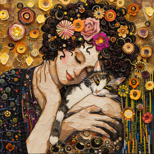 Create an image of a stunning woman adorned with flowers in her...
