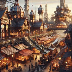 A bustling marketplace surrounded by ornate wrought-iron and brass structures. Vendors sell mechanical trinkets under copper awnings, and steam-powered trams clatter along elevated tracks overhead.