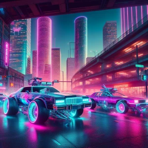 Low rider cars cruising through downtown Houston's urban streets...