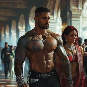 Create an image in a realistic art style depicting a muscular, t...