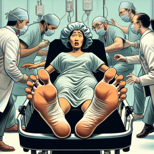 34 year old worried  Spanish woman wearing surgical bouffant cap...