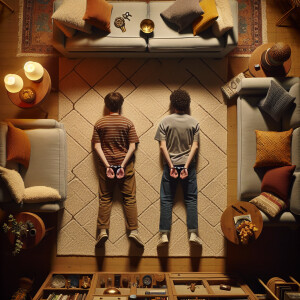 two white male youth handcuffed laying face down in a living roo...