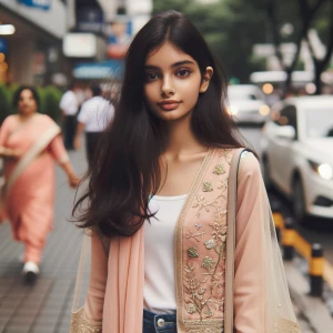 একটা মেয়ে  রাস্তা দিয়ে হাটছে।
