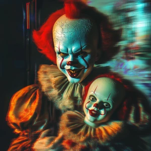 Sinister clown that strongly resembles pennywise is holding a li...