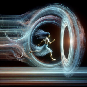 odd perspective, girl stepping in a magic natural ancient portal...