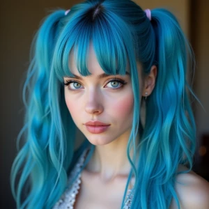 Photo of A stunning slender 22yo female, long blue hair in long...