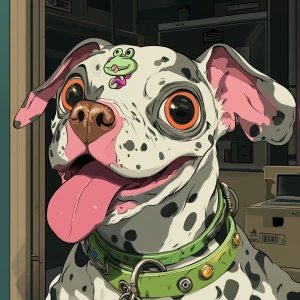 A cartoon-style anthropomorphic dog with a white and gray spotte...