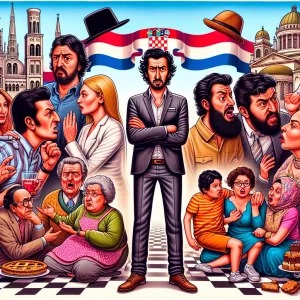 A vibrant, humorous illustration capturing a young man in his la...