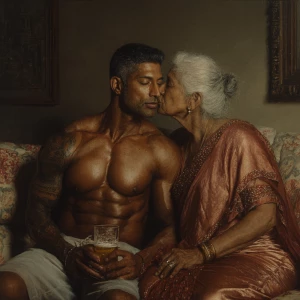 Hyperrealism,painting.a muscular beefy sweaty tattoed indian man...