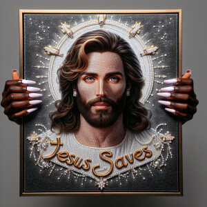 A 3D realistic artwork featuring the phrase 'Jesus Saves' adorne...