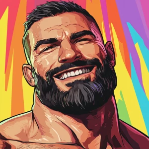 White muscular thin man with beard, big chin, smile and cheekbon...