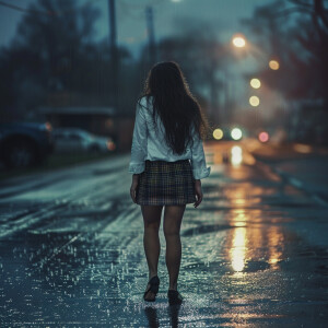 Photo of long hair brunnette girl wearing short plaid skirt and...