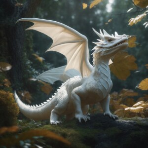 white color Cute little Dragon in a magical forest, with a wings...