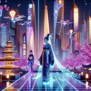 A poised woman in a modern kimono-like outfit, her hair adorned with glowing hairpins. She stands in front of a minimalist pagoda-style skyscraper with flowing digital banners