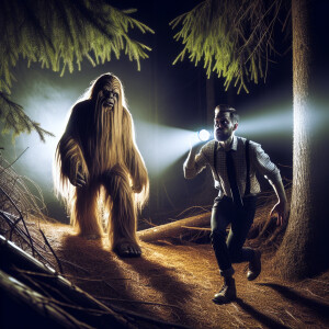 A humanoid looking hair covered sasquatch walking out of a treel...