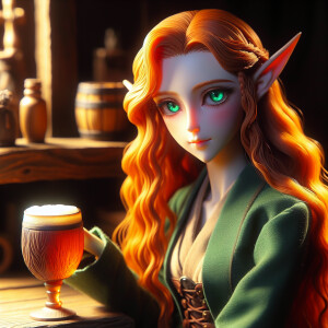 Elf female long orange hairs, green eyes, green clothes, beer wo...
