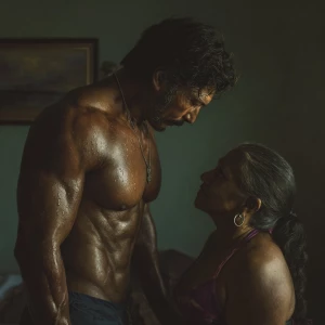 hyperRealism photo painting.a muscular sweaty indian employer ma...