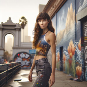 Athletic Thin skinny Attractive, Asian teenage girl, long brown hair and bangs, wearing tight skinny jeans and a halter top paint marks on her clothing, heroic pose Asian graffiti background, backside view