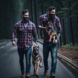 Man with a beard wearing a flannel shirt and Levi's jeans, carry...